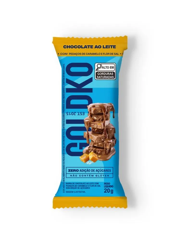 BARRA CHOCOLATE ZERO 20G LEITE/PEDAÇOS CARAMELO & FLOR SAL GOLDKO