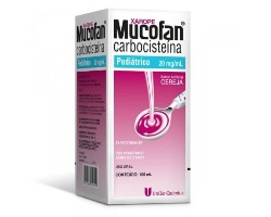 Mucofan 20mg/mL, caixa com 1 frasco com 100mL de xarope infantil + copo medidor, sabor cereja 