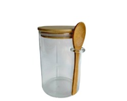 POTE VIDRO C/ COLHER E TAMPA BAMBU 500ML