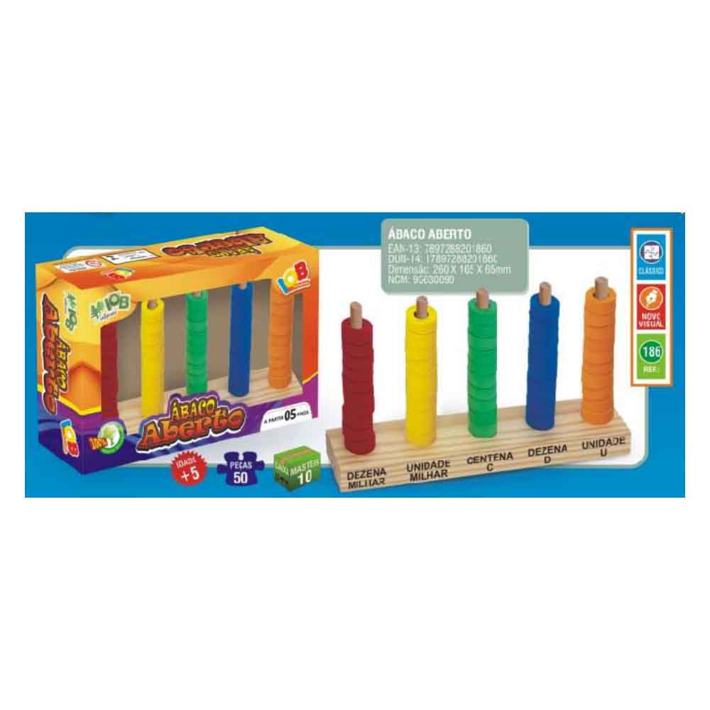Brinquedos Educativos Ábaco Aberto em Madeira 50 Argolas Iob Brinquedos