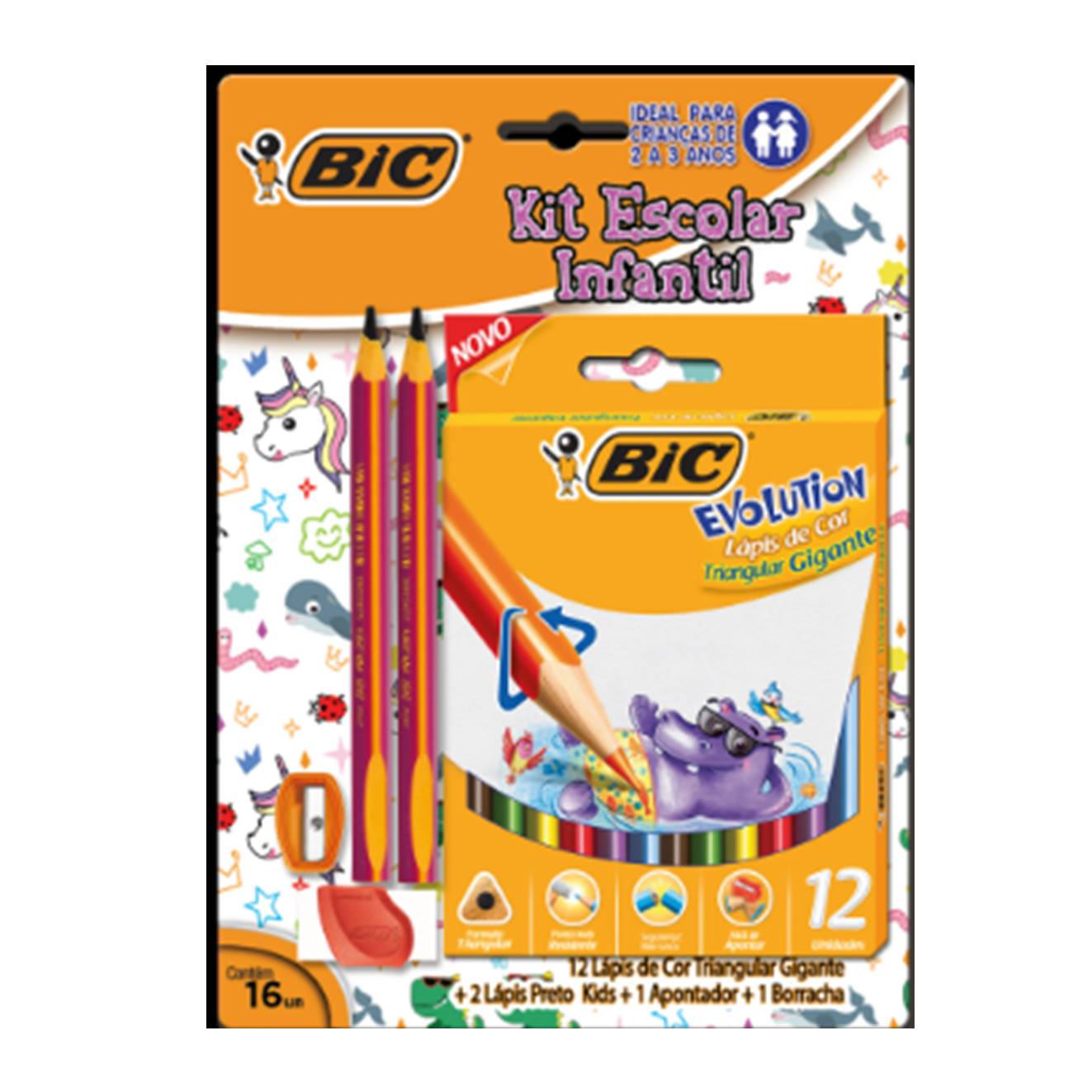 Lápis de Cor Bic Com 12 Cores+02 lápis Grafite Triangular+Apontador+ Borracha