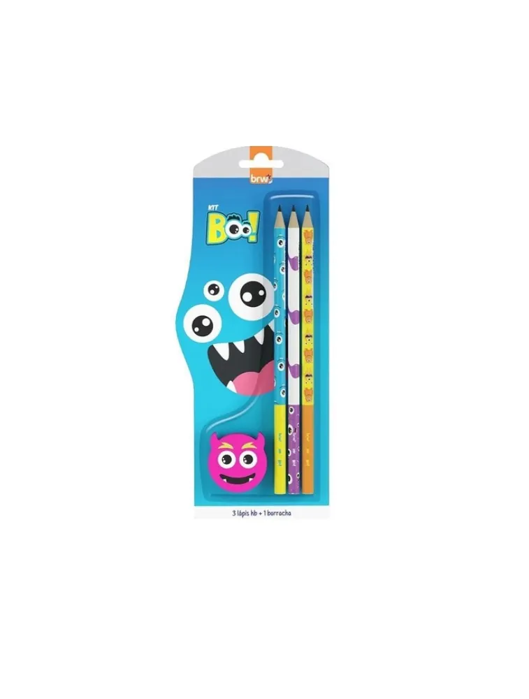 Kit Escolar - Monster (3 Lápis HB + 1 Borracha) - BLISTER