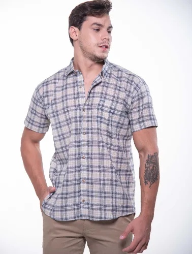 CAMISA MC XADREZ CINZA CLARO COM VERMELHO