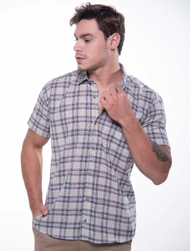 CAMISA MC XADREZ CINZA CLARO COM VERMELHO