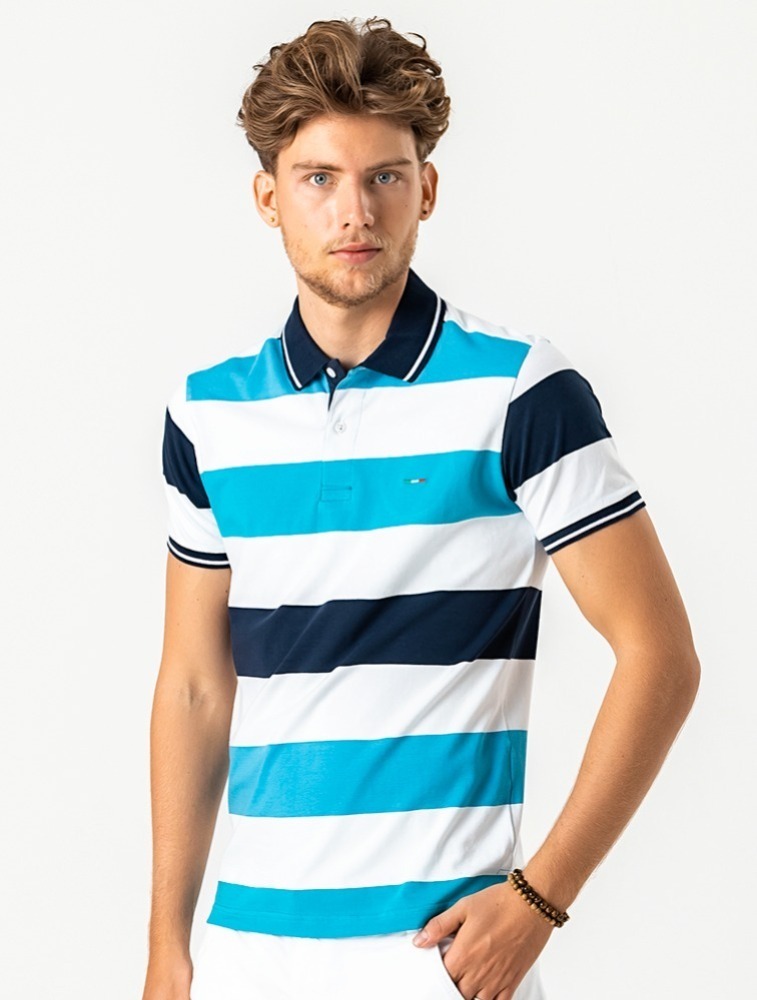 POLO DIFERENCIADA LISTRADA LISTRA AZUL CINZA E VERDE