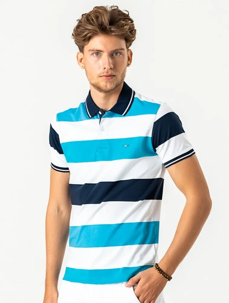 POLO DIFERENCIADA LISTRADA LISTRA AZUL CINZA E VERDE