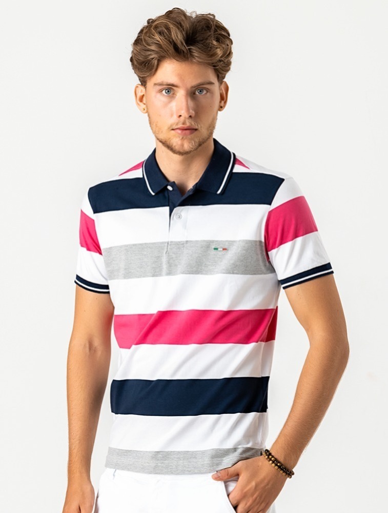 POLO DIFERENCIADA LISTRADA LISTRA AZUL CINZA E PINK