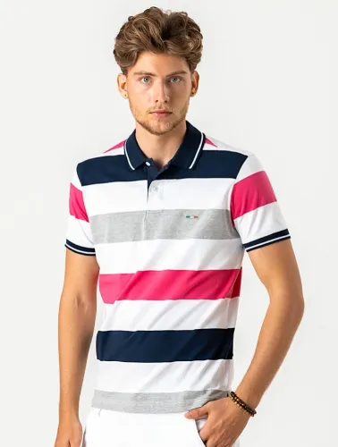 POLO DIFERENCIADA LISTRADA LISTRA AZUL CINZA E PINK