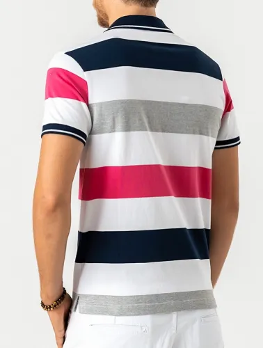POLO DIFERENCIADA LISTRADA LISTRA AZUL CINZA E PINK