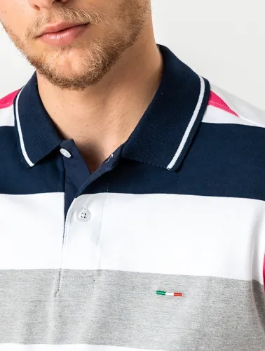 POLO DIFERENCIADA LISTRADA LISTRA AZUL CINZA E PINK