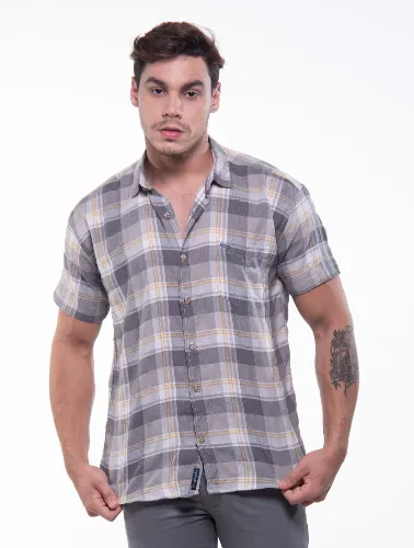 CAMISA MC XADREZ CINZA COM BEGE E GRAFITE