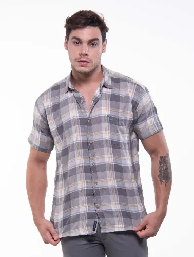 CAMISA MC XADREZ CINZA COM BEGE E GRAFITE