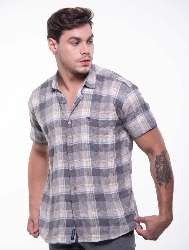 CAMISA MC XADREZ CINZA COM BEGE E GRAFITE