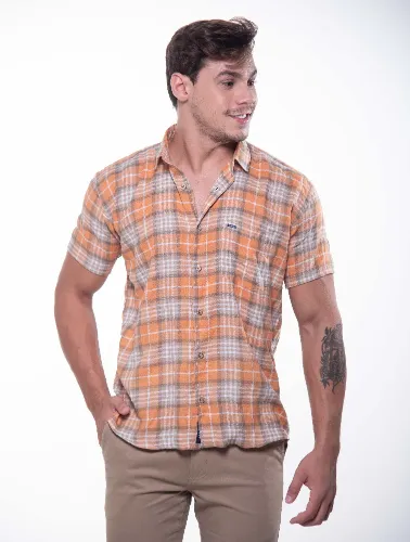 CAMISA MC XADREZ MOSTARDA COM GRAFITE
