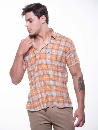 CAMISA MC XADREZ MOSTARDA COM GRAFITE