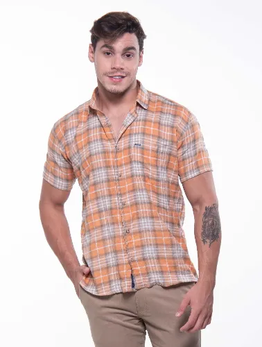 CAMISA MC XADREZ MOSTARDA COM GRAFITE