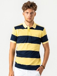 POLO COMFORT LISTRADA AMARELO E AZUL