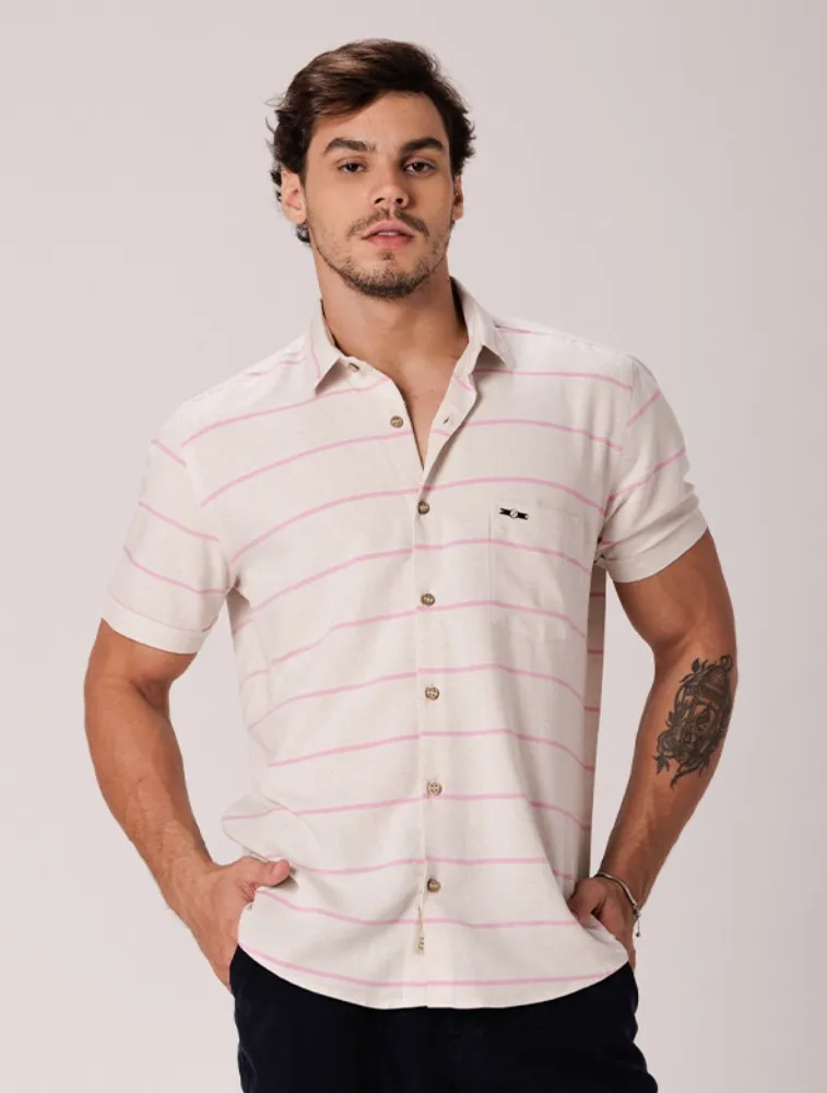 CAMISA MC LINHO BLEND BEGE C ROSA