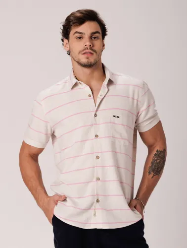 CAMISA MC LINHO BLEND BEGE C ROSA