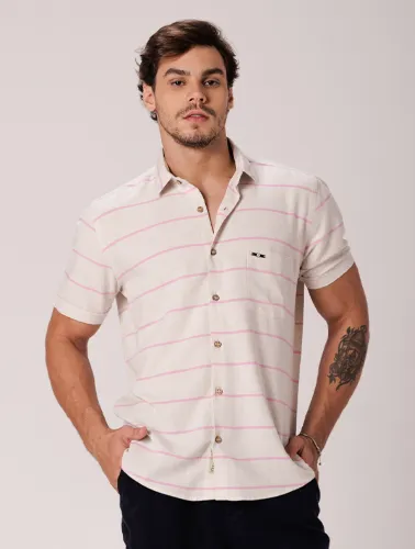 CAMISA MC LINHO BLEND BEGE C ROSA