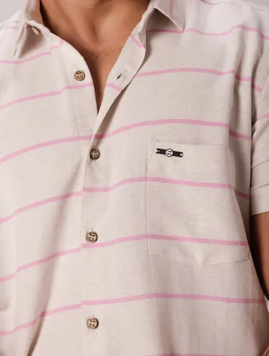 CAMISA MC LINHO BLEND BEGE C ROSA