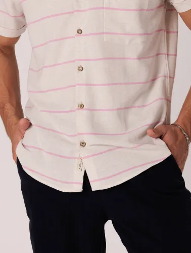 CAMISA MC LINHO BLEND BEGE C ROSA