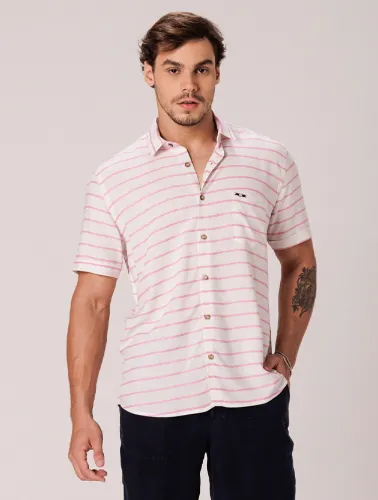 CAMISA MC LINHO BLEND NATURAL COM ROSA