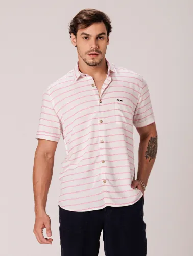 CAMISA MC LINHO BLEND NATURAL COM ROSA