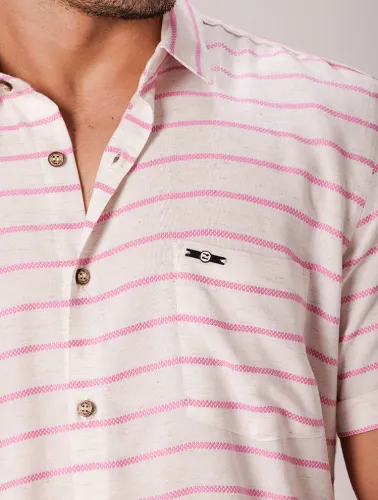 CAMISA MC LINHO BLEND NATURAL COM ROSA