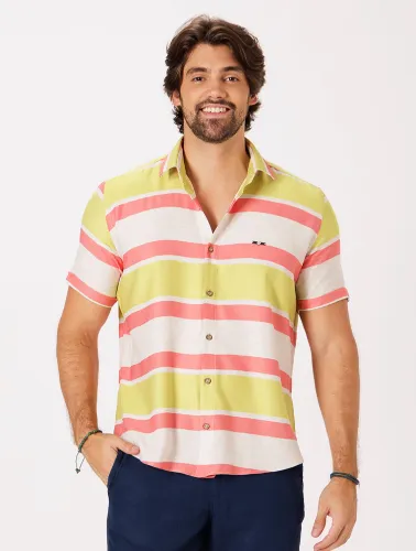 CAMISA MC LINHO BLEND LISTRAS - NATURAL C SALMON E MOSTARDA