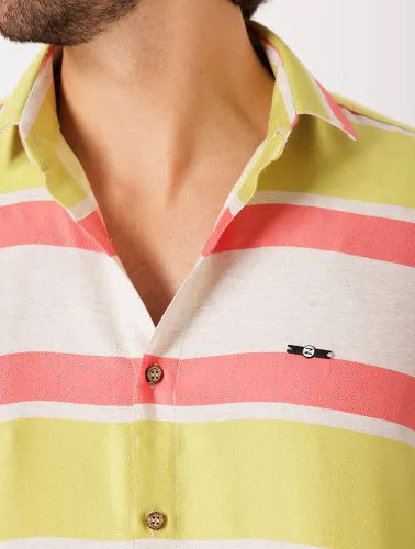 CAMISA MC LINHO BLEND LISTRAS - NATURAL C SALMON E MOSTARDA