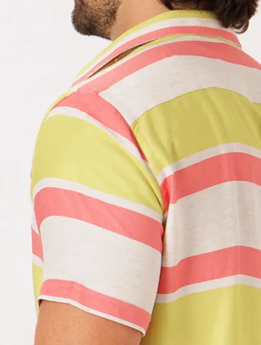 CAMISA MC LINHO BLEND LISTRAS - NATURAL C SALMON E MOSTARDA