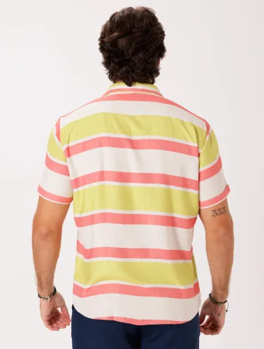 CAMISA MC LINHO BLEND LISTRAS - NATURAL C SALMON E MOSTARDA