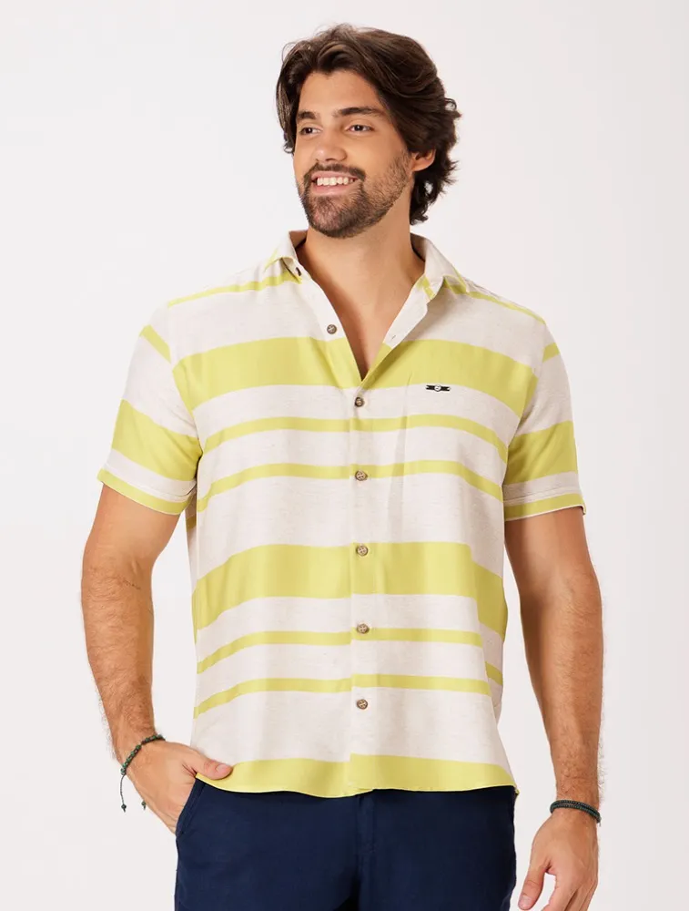 CAMISA MC LINHO BLEND LISTRAS - NATURAL C MOSTARDA