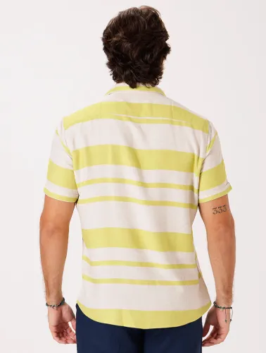 CAMISA MC LINHO BLEND LISTRAS - NATURAL C MOSTARDA