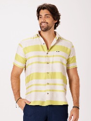 CAMISA MC LINHO BLEND LISTRAS - NATURAL C MOSTARDA