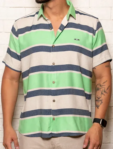CAMISA MC LINHO BLEND LISTRAS - NATURAL C PRETO E VERDE