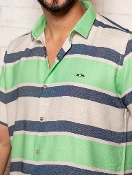 CAMISA MC LINHO BLEND LISTRAS - NATURAL C PRETO E VERDE