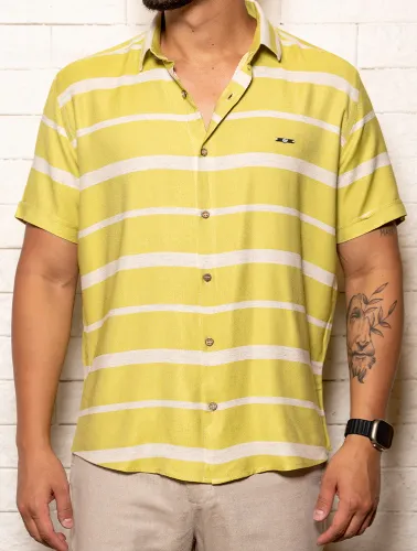 CAMISA MC LINHO BLEND LISTRAS - NATURAL C VERDE