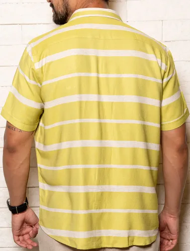 CAMISA MC LINHO BLEND LISTRAS - NATURAL C VERDE