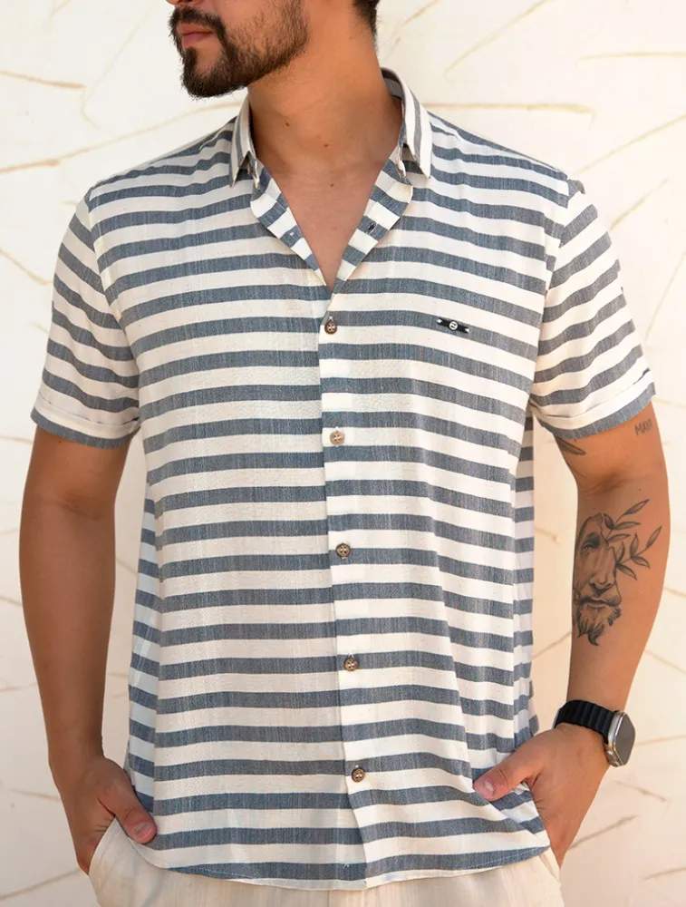 CAMISA MC LINHO BLEND LISTRAS - BRANCO C GRAFITE