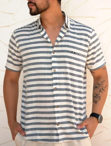 CAMISA MC LINHO BLEND LISTRAS - BRANCO C GRAFITE