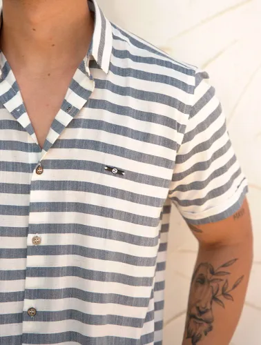 CAMISA MC LINHO BLEND LISTRAS - BRANCO C GRAFITE