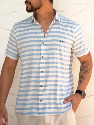 CAMISA MC LINHO BLEND LISTRAS - BRANCO C AZUL BB