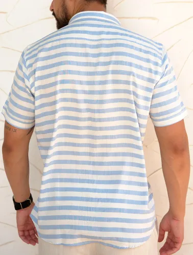 CAMISA MC LINHO BLEND LISTRAS - BRANCO C AZUL BB