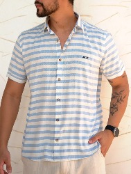 CAMISA MC LINHO BLEND LISTRAS - BRANCO C AZUL BB