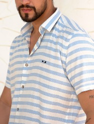 CAMISA MC LINHO BLEND LISTRAS - BRANCO C AZUL BB