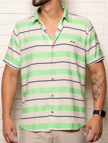 CAMISA MC LINHO BLEND LISTRAS - VERDE C NATURAL