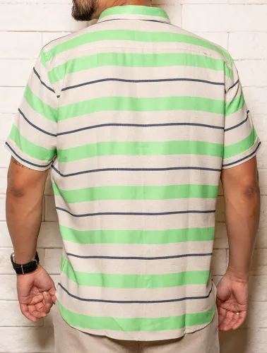 CAMISA MC LINHO BLEND LISTRAS - VERDE C NATURAL