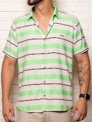 CAMISA MC LINHO BLEND LISTRAS - VERDE C NATURAL